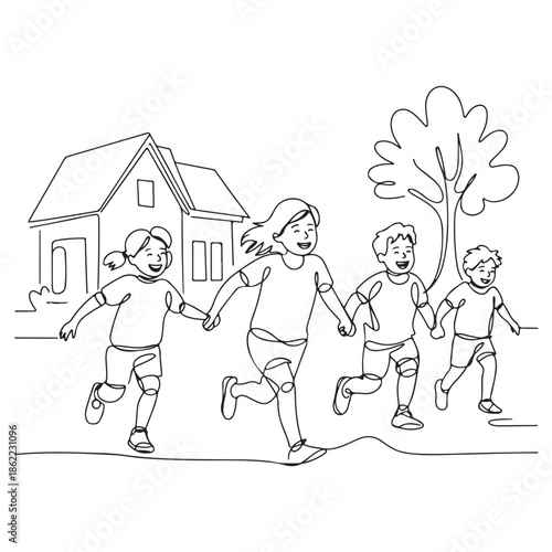 Continuous Line Drawing Children Playing Vector Illustration Line Art Running Child Happy Kid Fun Outdoor Minimalist Design Childhood Joyful Togetherness Youngsters