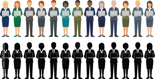 Business professionals holding laptops characters and silhouettes set showing diverse corporate workforce technology teamwork flat vector illustration isolated background design