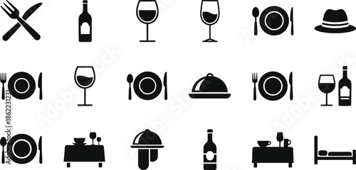 Set of black and white dining and hospitality including cutlery, wine bottles, glasses, plates, and a bed