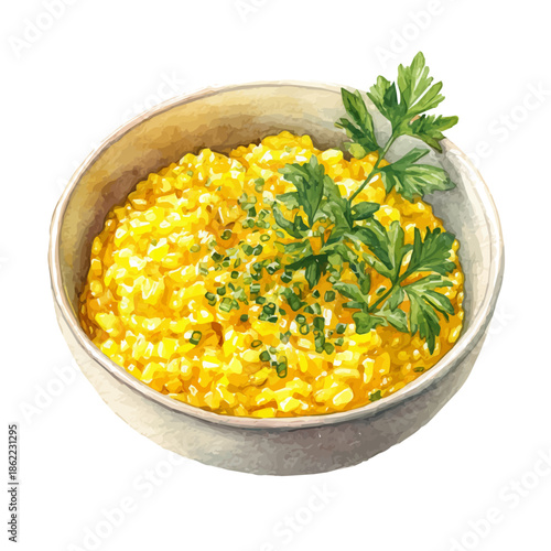 Watercolor illustration of Risotto Milanese, vector artwork, isolated on white background.