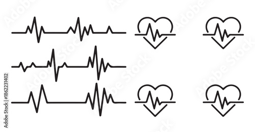Collection of various cardiology symbols featuring heart shapes intertwined with EKG monitor lines