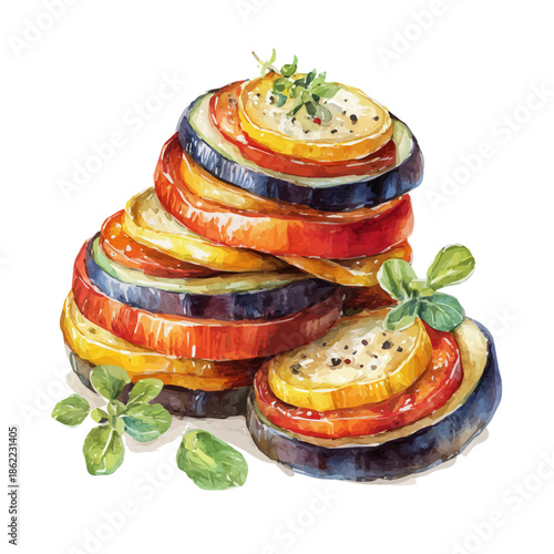 Watercolor vector illustration of Ratatouille, isolated on white background.