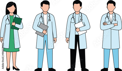Doctors and physician characters set showing healthcare professionals with stethoscopes medical charts lab coats flat vector illustration isolated white background