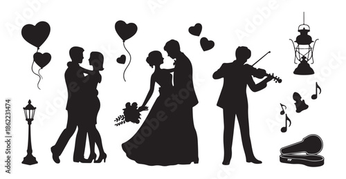 Romantic wedding silhouettes collection with bride groom and violinist for luxury invitation