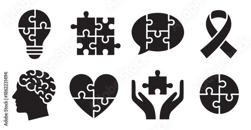 Autism awareness and mental health icons featuring puzzle pieces and brain silhouette symbol