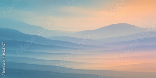 A misty orange sunset glows over a vast mountain landscape as sunlight pierces through fog and clouds to illuminate the forest valley along the horizon