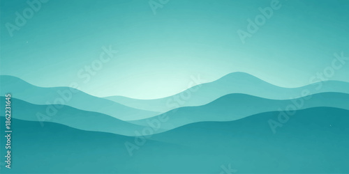 A serene vector illustration of a mountain landscape with clouds and peaks at sunrise, featuring a blue sky and misty forest valley silhouettes during a peaceful morning dawn