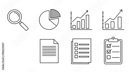 A set of minimalistic black-and-white business icons. Included are a magnifying glass, pie chart, bar graphs, document, checklist