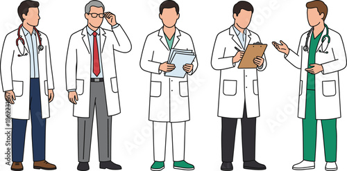 Male doctors characters set showing physicians in lab coats with stethoscopes medical charts consultation healthcare flat vector illustration