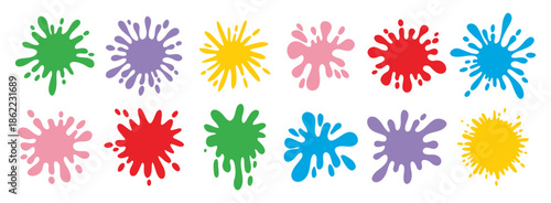 Colorful splatters different shapes. Bright stains and splashes. Ink blots collection clipart elements.
