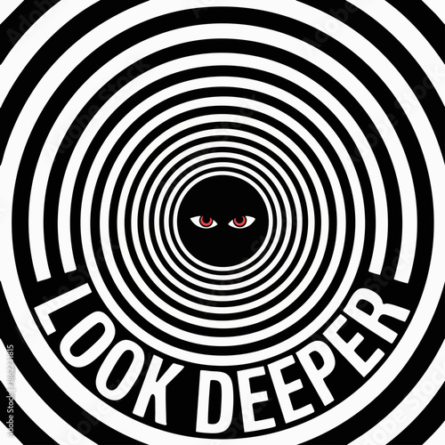 Hypnotic spiral poster with red eyes and LOOK DEEPER text, eerie optical illusion tunnel design for mystery and horror concepts