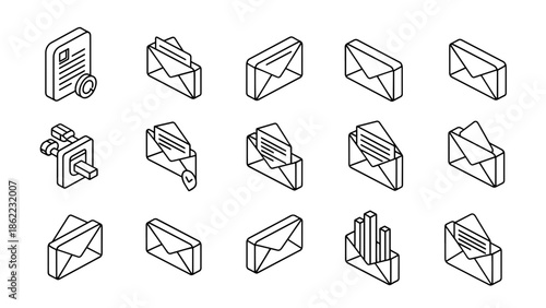 A set of fifteen isometric line art icons depicting various envelope designs, document visuals, and sending/receiving concepts, all in grayscale