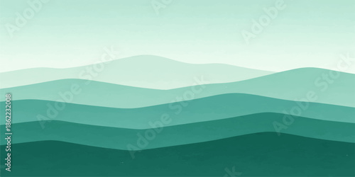 A serene mountain landscape vector illustration captures a misty sunrise over green forest hills and a valley under a soft blue sky with clouds