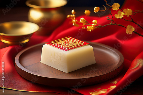 Traditional Chinese New Year rice cake on wooden plate