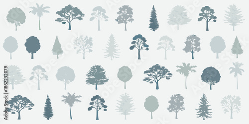A collection of various tree silhouettes in muted blue and green tones
