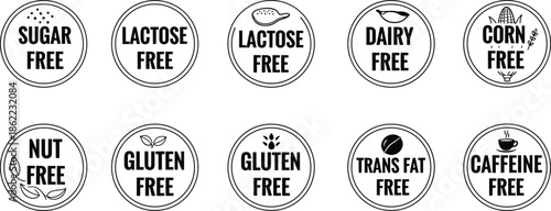 Ten circular labels with free food-related terms and in black and white food labels