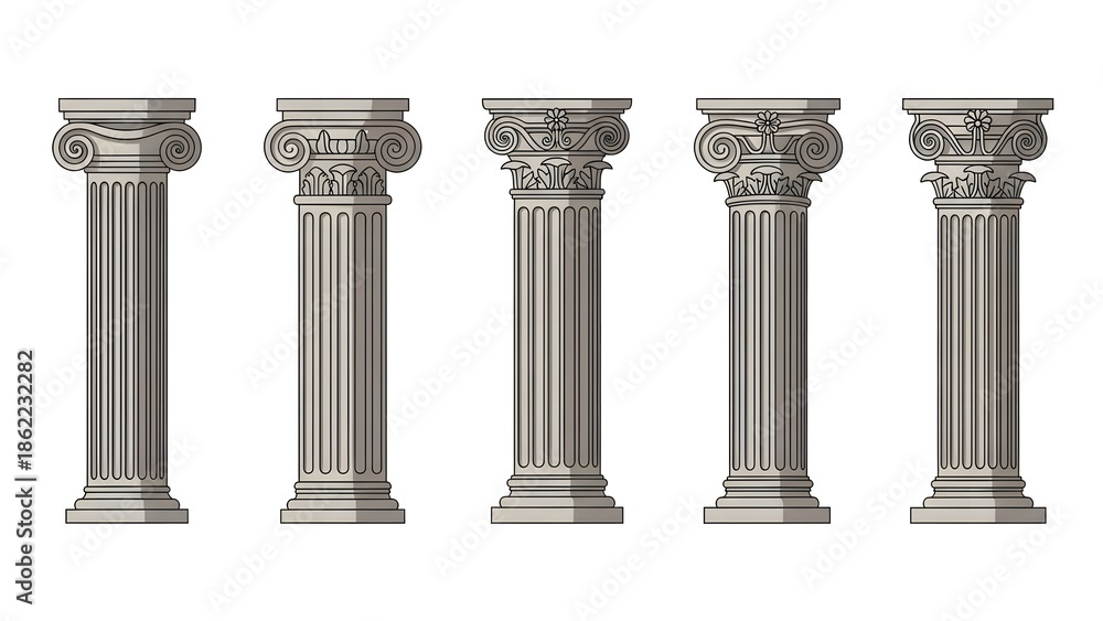 Obraz premium Collection of Five Detailed Ancient Greek Roman Architectural Columns architecture