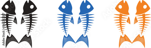 Three pairs of fish skeletons in black blue and orange colors