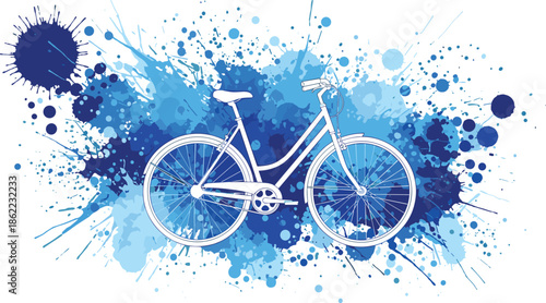 Blue bicycle illustration with watercolor splash background, creative urban cycling concept, modern eco transport art, energetic street lifestyle design