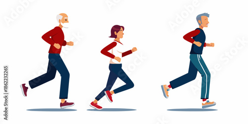 Three people of different ages are shown jogging or running forward