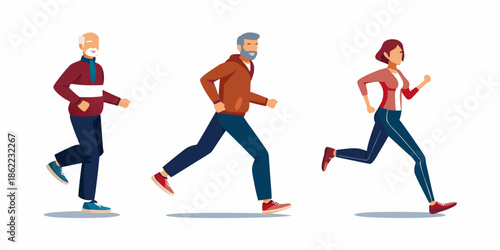 Three people of different ages are actively running together outdoors