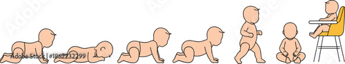 Baby development stages from crawling to sitting and walking, infant growth milestones concept, child development illustration sequence