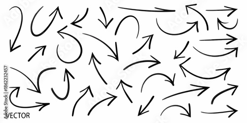 Collection of hand drawn black arrows pointing in various directions on a white background