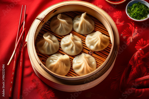 Freshly steamed dumplings in bamboo steamer, chopsticks