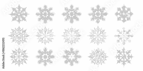 An assortment of delicate gray snowflakes arranged in a grid pattern