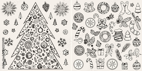 Intricate black and white illustrations of christmas trees and festive decorations