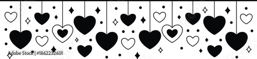 Black and white hearts and stars pattern Happy Valentines Day on a white background vector illustration EPS file download.
