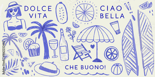 Italian summer themed doodles a playful illustration of vacation elements