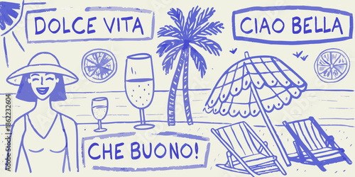 Italian summer scene with beach elements lettering and a woman in a hat