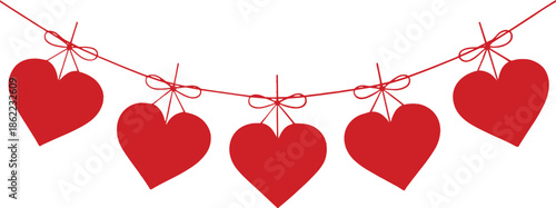 Red heart shapes hanging on a string with bows Happy Valentines Day hearts vector illustration EPS file download.

