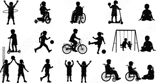 Children playing and learning activities silhouettes set, kids sports, games, disability inclusion, childhood development concept illustration