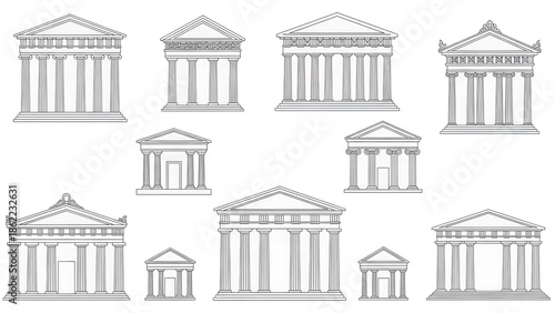 Collection of Greek and Roman Temple Facades and Buildings in Outline Style ancient