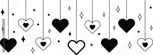 Black and white hearts hanging on strings with stars Happy Valentines Day and dots background vector illustration EPS file download.
