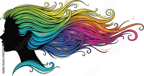 Colorful abstract woman silhouette with flowing rainbow hair, creative female portrait, artistic freedom concept, vibrant modern illustration design