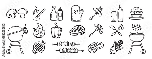 Barbecue grill party doodle hand drawn icon set. Outline drawing BBQ tools charcoal firewood and products line clipart symbol collection 