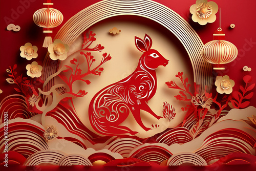 Modern paper‑cut Chinese New Year illustration, layered red and gold shapes, zodiac animal silhouette