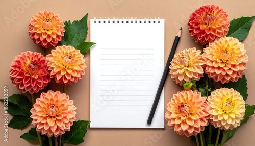Floral Flat Lay with Notepad and Pencil for Creative Inspiration.