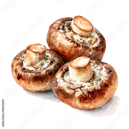 Stuffed Mushrooms, watercolor painting, vector illustration, isolated on a white background.
