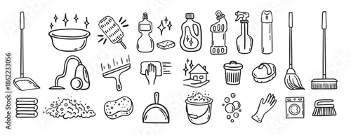 Cleaning kit equipment doodle hand drawn icon set. Outline drawing cleaning inventory, clean tools wash, bucket and mop, spray bottle with detergent cleaner line clipart symbol collection