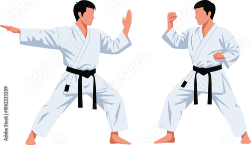 Karate martial artists practicing combat stances in traditional uniforms, martial arts training illustration, self defense sport concept