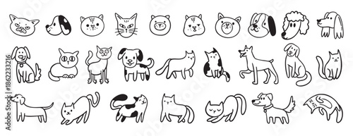 cute dogs and cats doodle hand drawn icon set. Sitting, standing. Outline drawing cats and dogs faces line clipart symbol collection