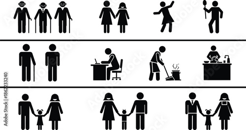 Human life stages icons showing childhood, adulthood, work, family, aging and daily activities, simple black silhouette people concept