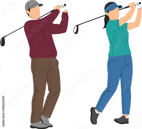 Male and female golfers swinging clubs together isolated illustration flat vector sports activity concept modern lifestyle outdoor recreation game design