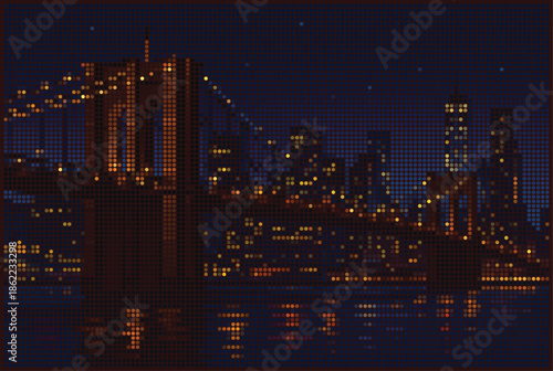 City Bridge at Night Long Exposure Halftone Matrix Poster Illustration