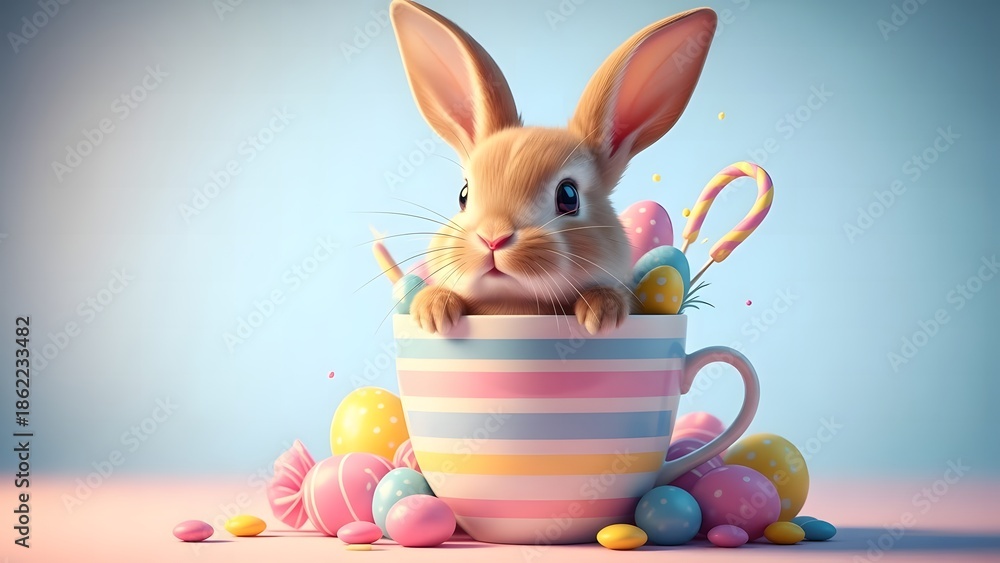Fototapeta premium Easter bunny in a colorful mug with easter eggs and candy