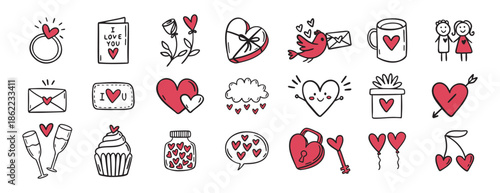 cute Valentine day with hearts, love, flowers, birds, lovers doodle hand drawn icon set. Outline drawing Valentines day line clipart symbol collection